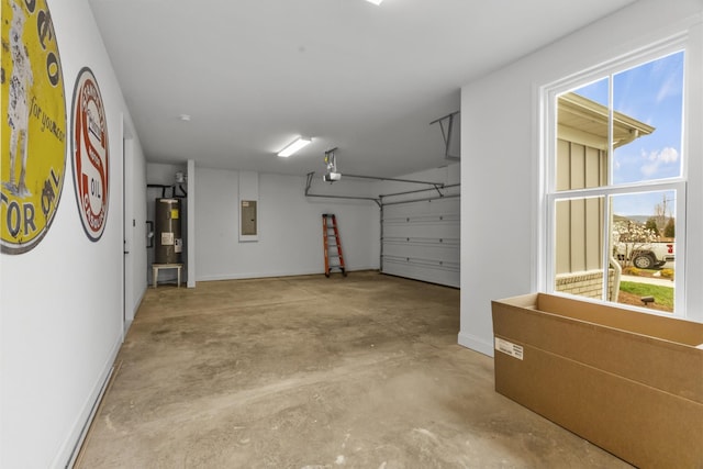 garage with water heater, a garage door opener, and electric panel