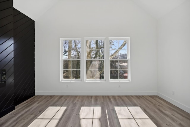 unfurnished room with high vaulted ceiling and light wood-type flooring