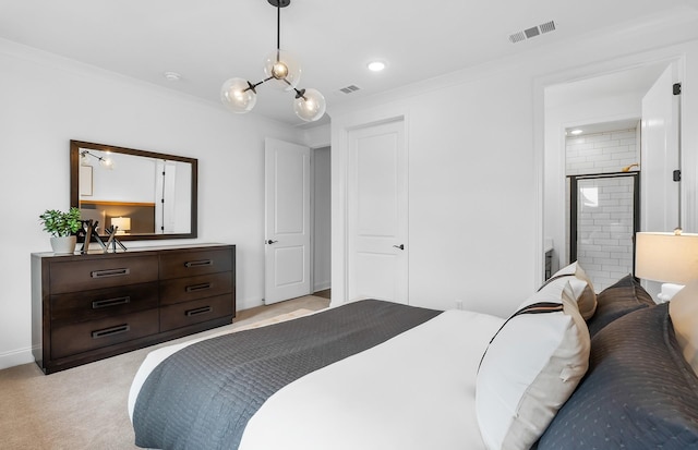 bedroom featuring ensuite bathroom, ornamental molding, and a chandelier