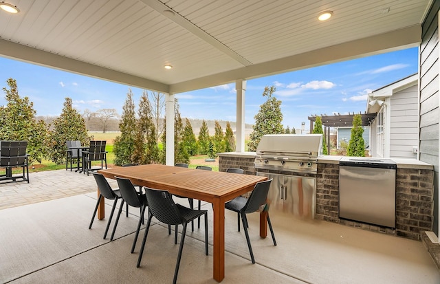 view of patio / terrace featuring area for grilling, a grill, and a pergola