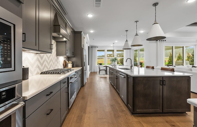 kitchen with sink, backsplash, stainless steel appliances, and a center island with sink