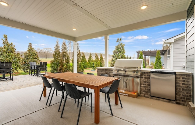 view of patio / terrace featuring area for grilling, a grill, and a pergola