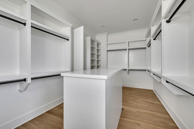 walk in closet with light hardwood / wood-style floors