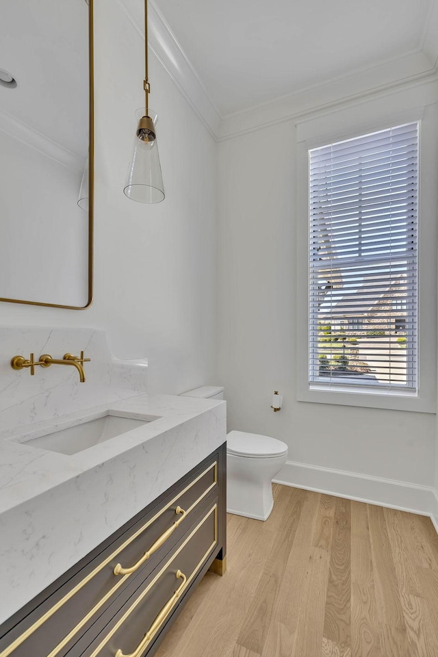 bathroom with vanity, hardwood / wood-style floors, crown molding, and toilet