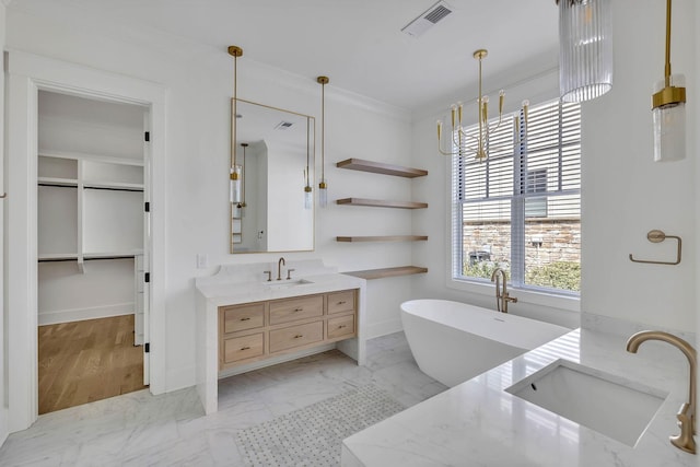 bathroom with vanity, ornamental molding, and a bathtub