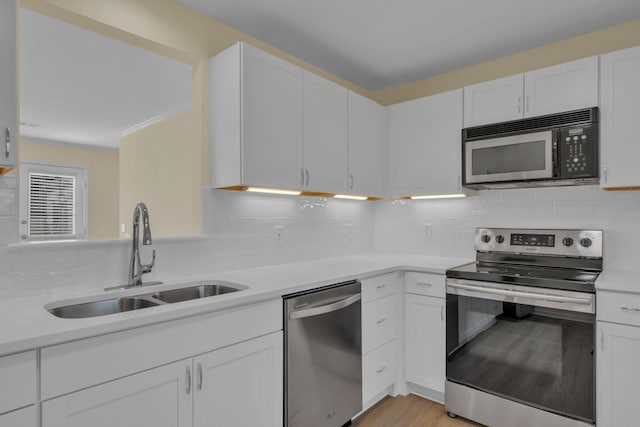 kitchen featuring sink, stainless steel appliances, and white cabinets