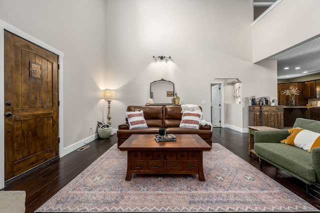 living room featuring dark wood-type flooring and a high ceiling