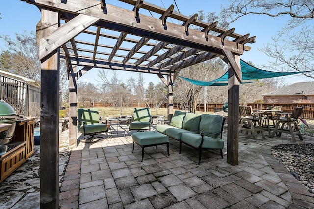 view of patio with an outdoor hangout area and a pergola