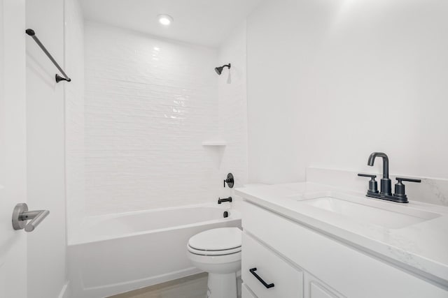 full bathroom with shower / bath combination, vanity, hardwood / wood-style flooring, and toilet