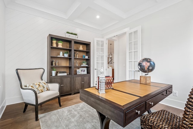 office space featuring coffered ceiling, wood-type flooring, and beam ceiling