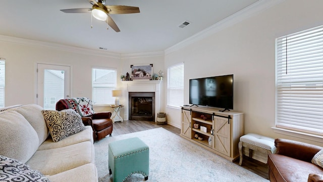 living room with crown molding, light hardwood / wood-style floors, and ceiling fan