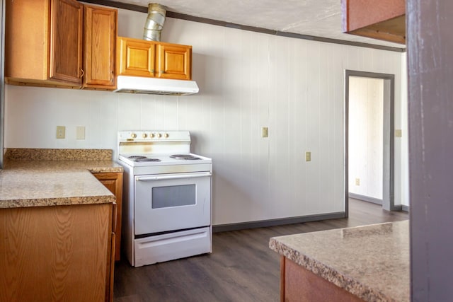 kitchen with dark hardwood / wood-style flooring, a textured ceiling, and white range with electric stovetop