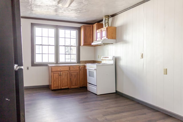 kitchen featuring crown molding, wood walls, dark hardwood / wood-style floors, and white range with electric stovetop