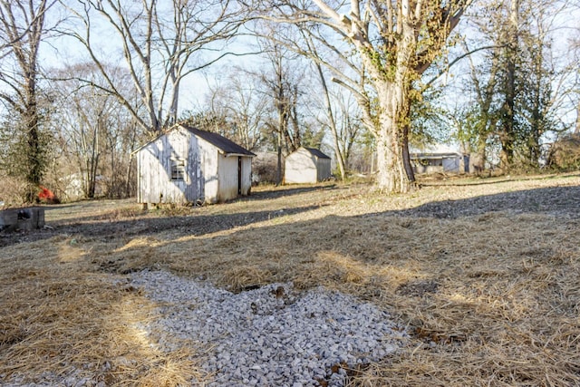 view of yard featuring a storage unit