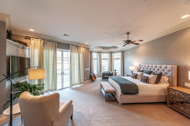 carpeted bedroom featuring crown molding, access to outside, and ceiling fan