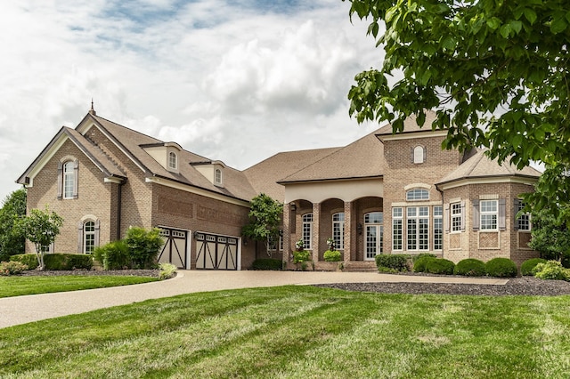 french country home with a garage and a front lawn