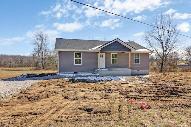 view of front of house featuring a porch, crawl space, and roof with shingles