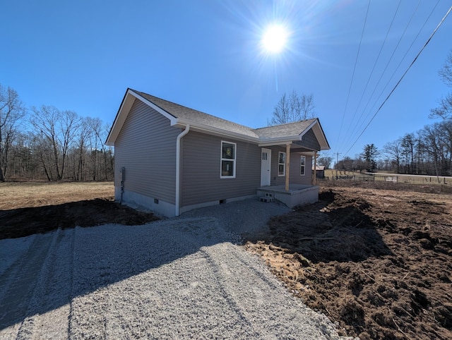 view of front of property with a porch, crawl space, and roof with shingles