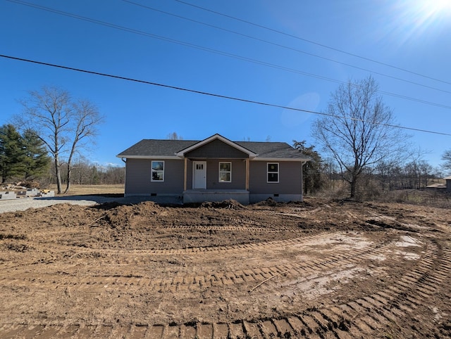 view of front of property featuring crawl space and roof with shingles