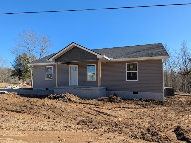 view of front of home featuring covered porch, crawl space, and cooling unit