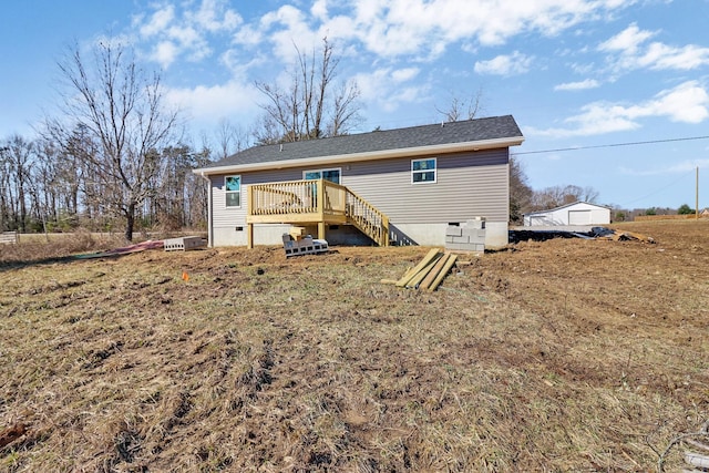 rear view of property with stairs, a yard, a deck, and crawl space