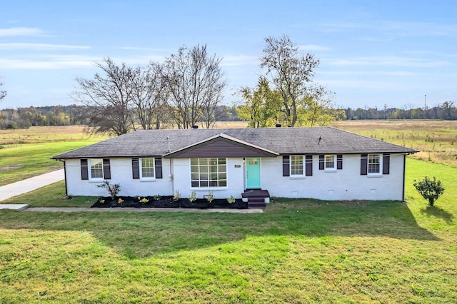 single story home featuring a rural view and a front yard