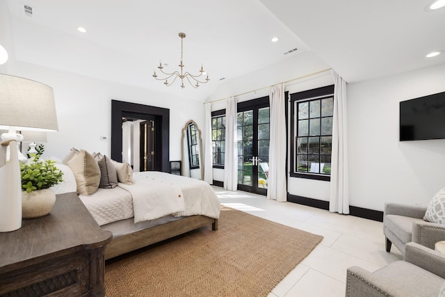 bedroom featuring light tile patterned floors, access to exterior, an inviting chandelier, and french doors