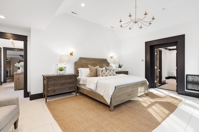 tiled bedroom featuring lofted ceiling and a notable chandelier