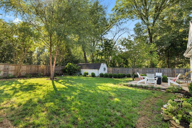 view of yard with a storage shed and a patio area