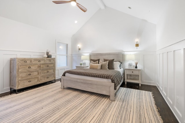 bedroom with ceiling fan, high vaulted ceiling, wood-type flooring, and beam ceiling