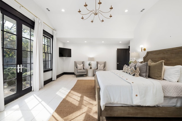 bedroom with high vaulted ceiling, light tile patterned floors, access to exterior, an inviting chandelier, and french doors