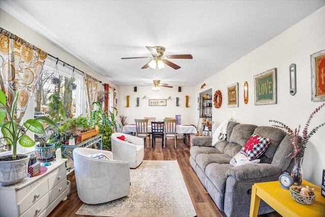 living room with hardwood / wood-style floors and ceiling fan