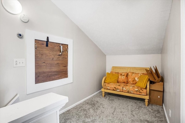 sitting room featuring lofted ceiling, carpet floors, and a textured ceiling