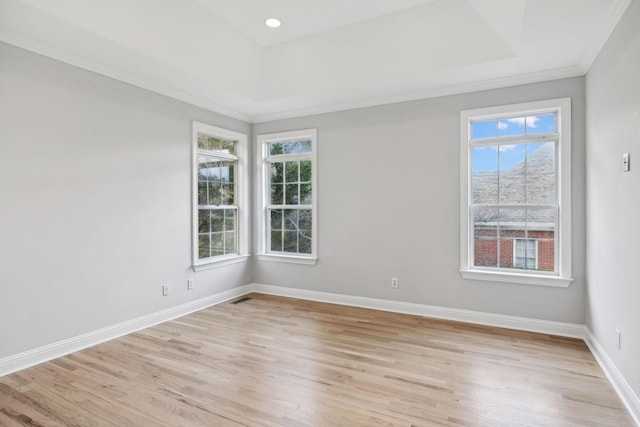 empty room featuring crown molding, a tray ceiling, and light wood-type flooring