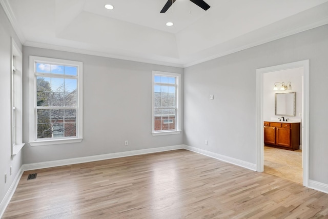 unfurnished bedroom with sink, crown molding, light hardwood / wood-style floors, and a raised ceiling