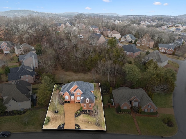 drone / aerial view featuring a mountain view