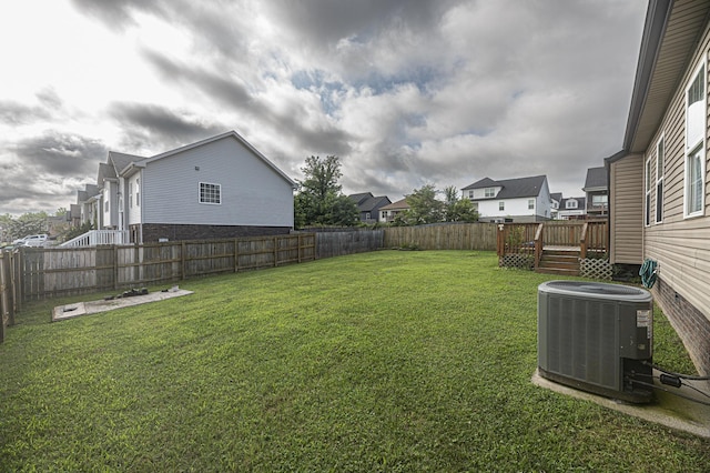 view of yard featuring a wooden deck and central air condition unit