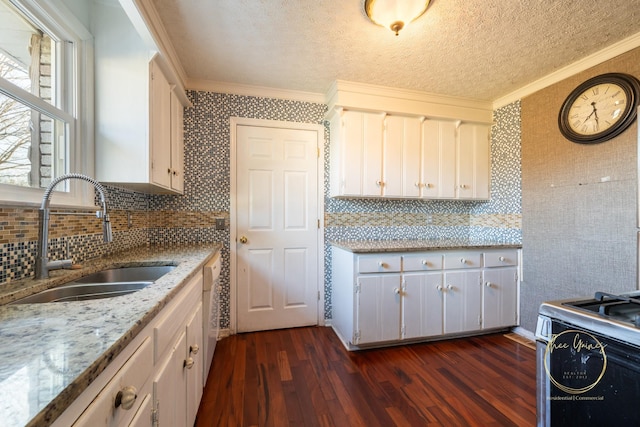 kitchen with wallpapered walls, ornamental molding, dark wood-style floors, white cabinets, and a sink