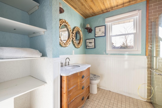 bathroom with tile patterned floors, toilet, wooden ceiling, wainscoting, and vanity