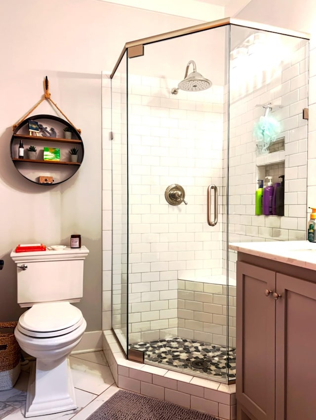 bathroom featuring vanity, an enclosed shower, and toilet