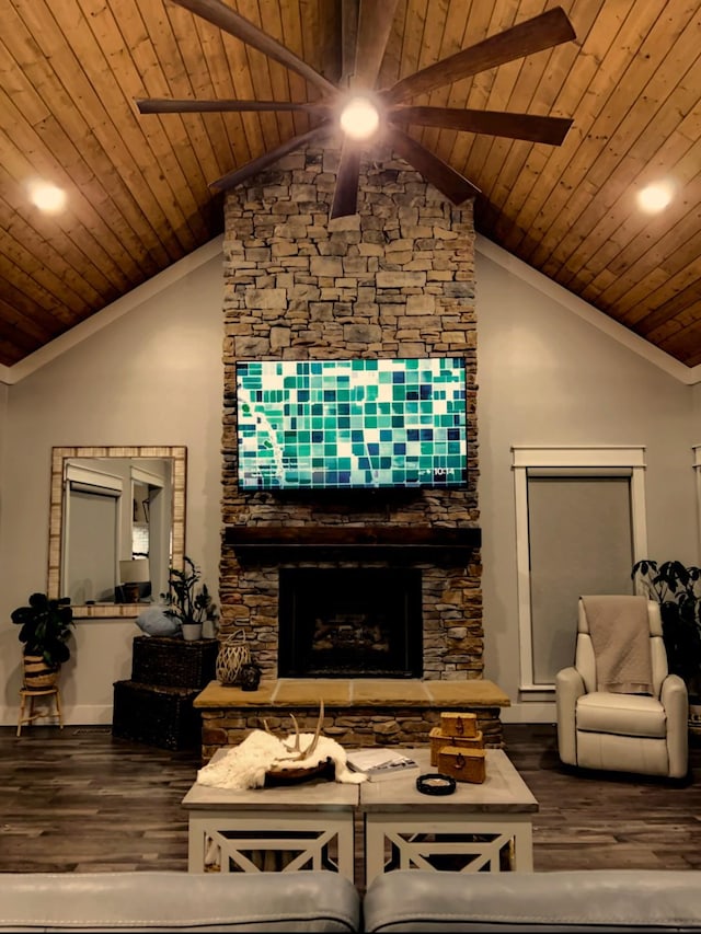 living room with hardwood / wood-style floors, wood ceiling, a fireplace, and high vaulted ceiling