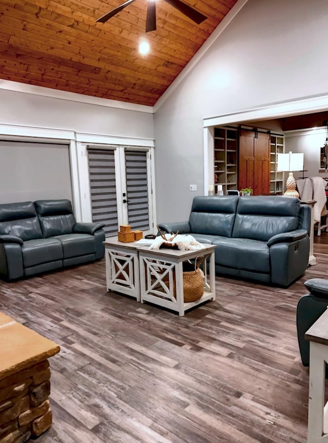 living room featuring high vaulted ceiling, wooden ceiling, hardwood / wood-style floors, and ceiling fan