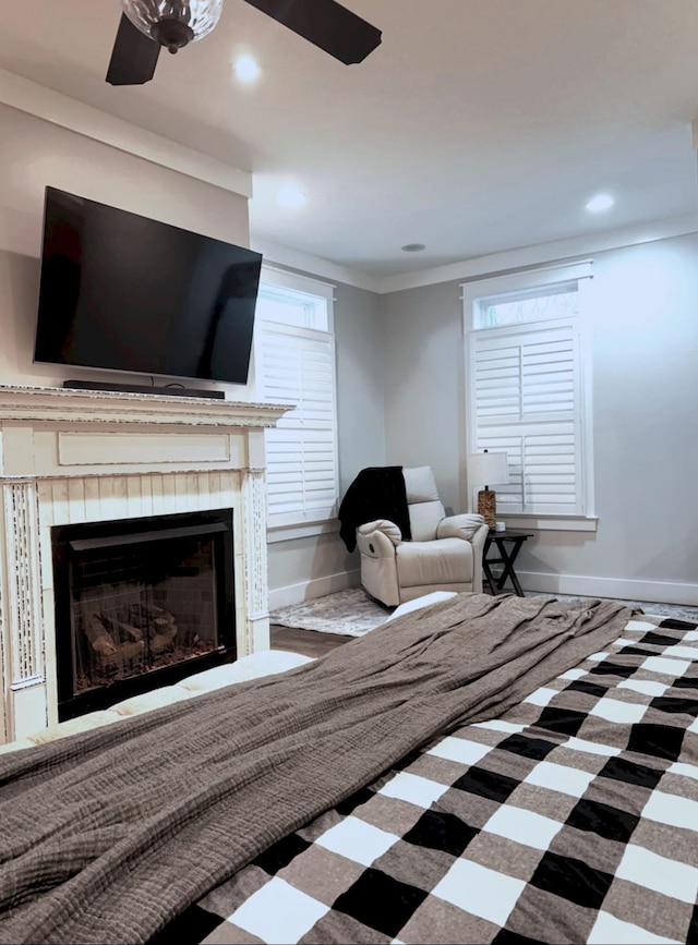 living room with ceiling fan and a fireplace