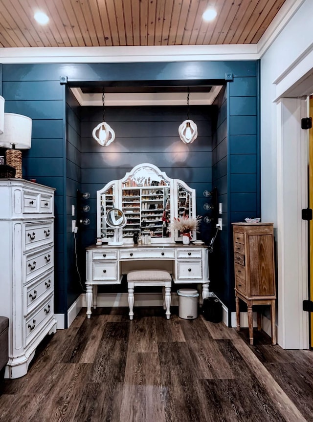 interior space featuring wood ceiling and dark hardwood / wood-style floors