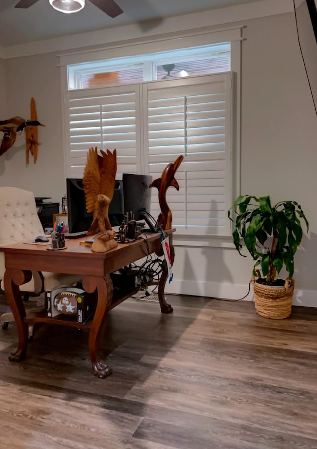 office with ceiling fan and wood-type flooring