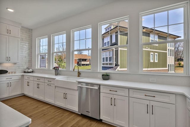 kitchen with white cabinetry, plenty of natural light, tasteful backsplash, and dishwasher