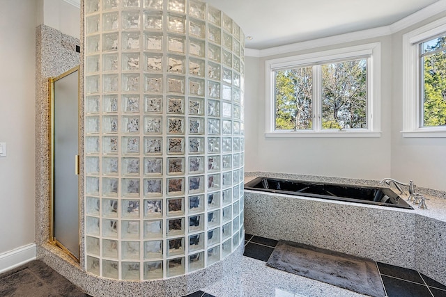 bathroom with ornamental molding and independent shower and bath