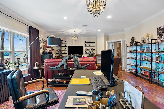 tiled home office featuring ornamental molding and an inviting chandelier