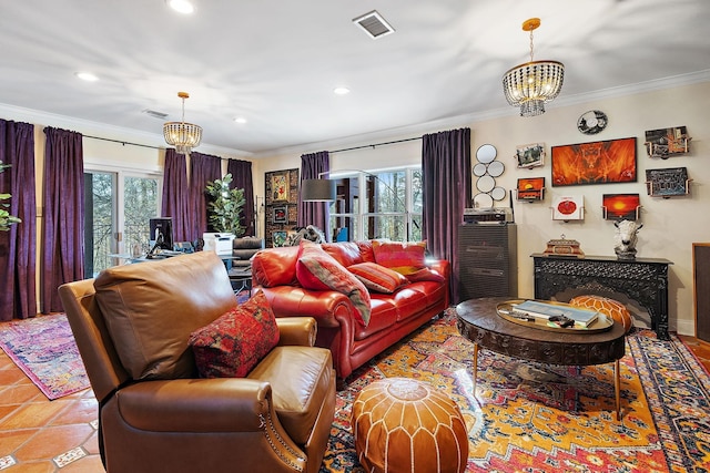 tiled living room with crown molding and a notable chandelier