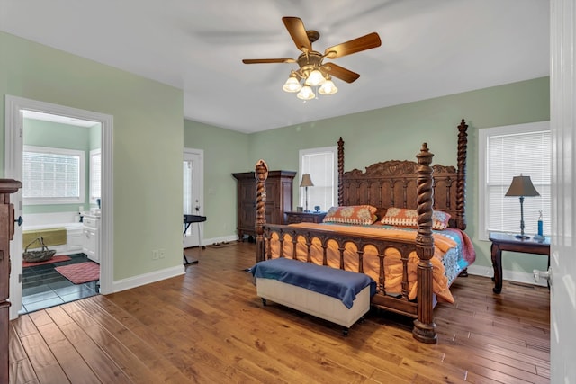 bedroom featuring ceiling fan, wood-type flooring, and connected bathroom